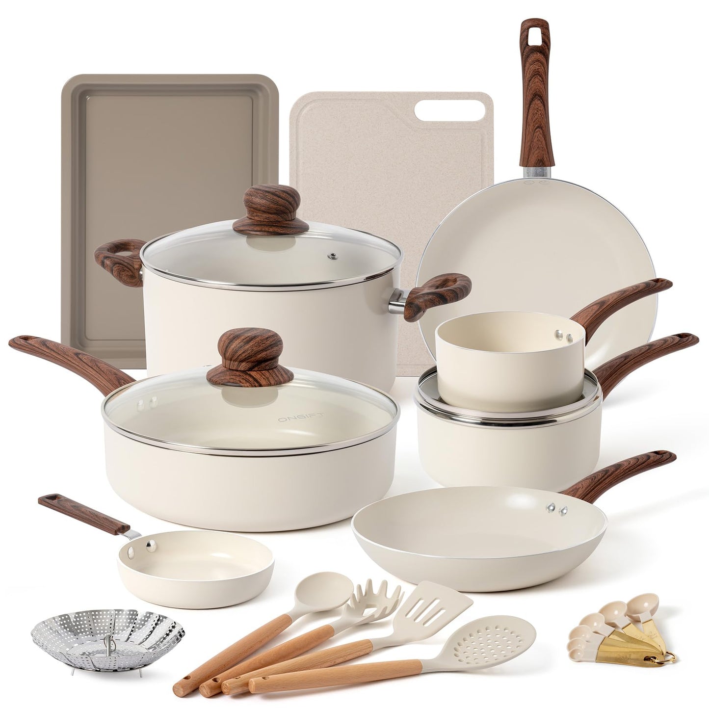 23-Piece Ceramic Nonstick Cookware Set — PFAS & PFOA Free with Wood Handles