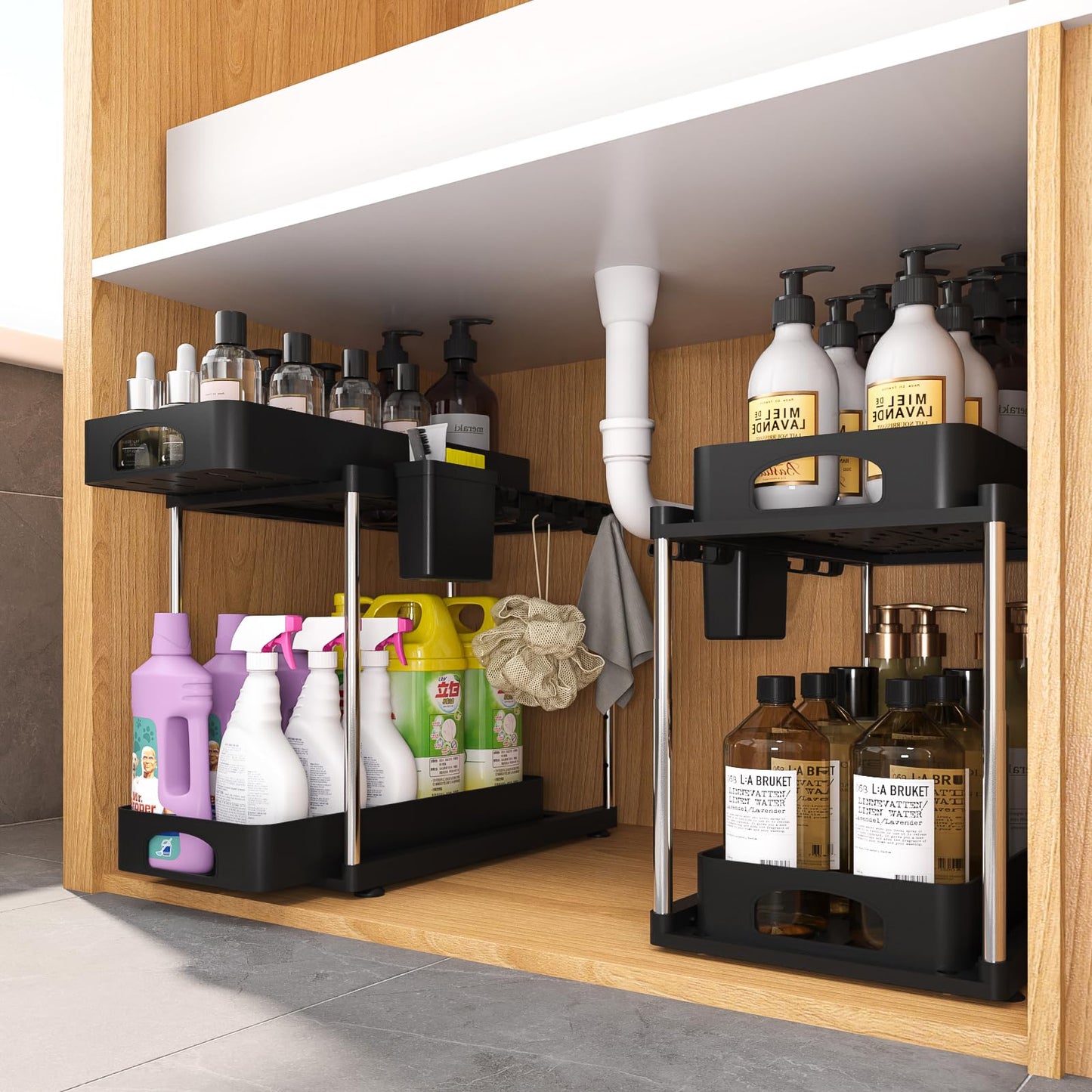 2 Pack Under Sink Organizer - 2 Tier Adjustable Sliding Storage Rack (Black)