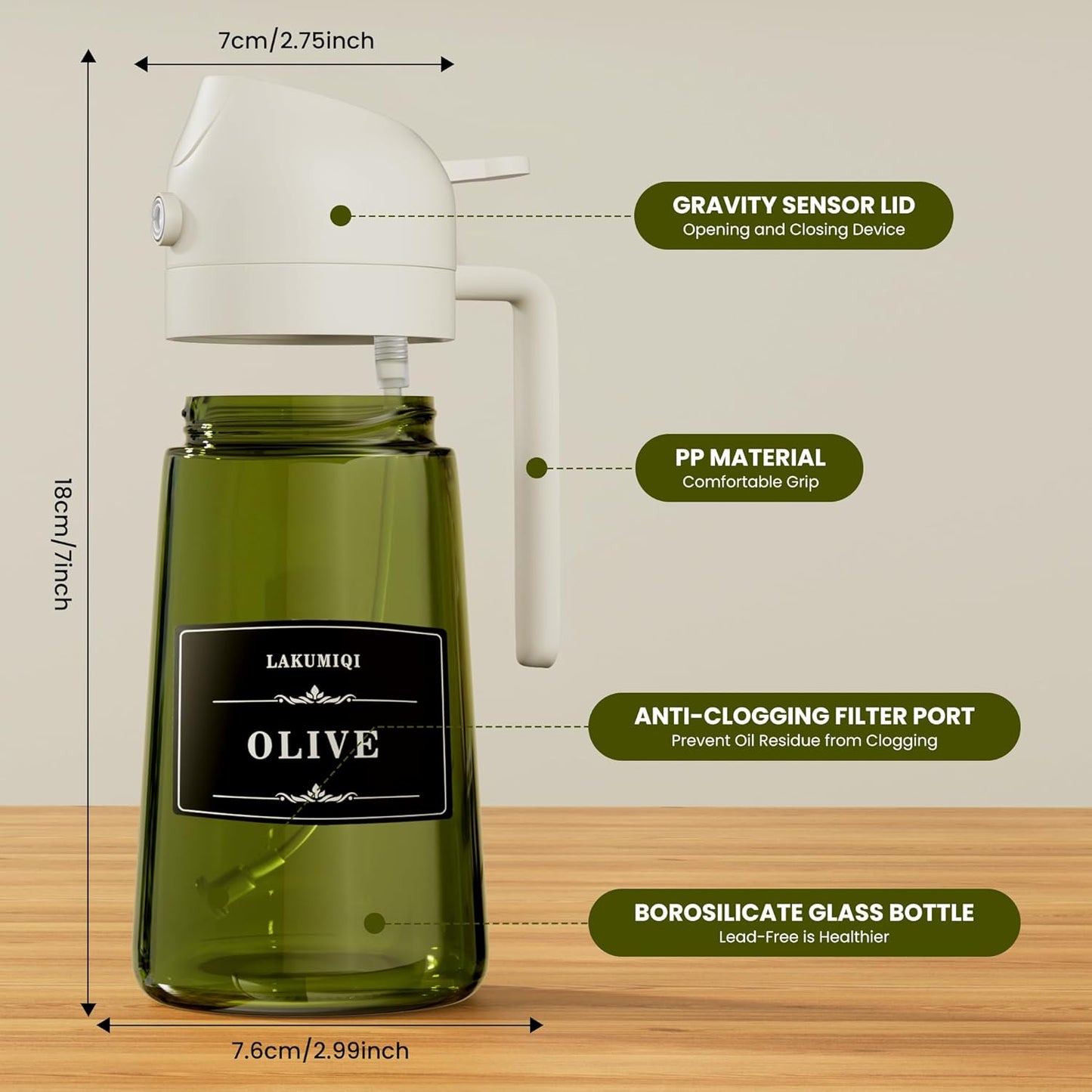 KaloTidy 2-in-1 Olive Oil Dispenser & Sprayer — 16oz Leakproof Glass Bottle