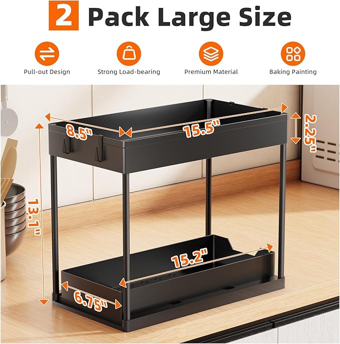 2 Pack Under Sink Organizer - 2 Tier Adjustable Sliding Storage Rack (Black)