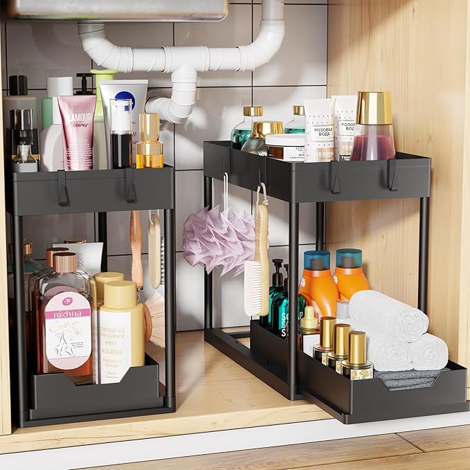 2 Pack Under Sink Organizer - 2 Tier Adjustable Sliding Storage Rack (Black)