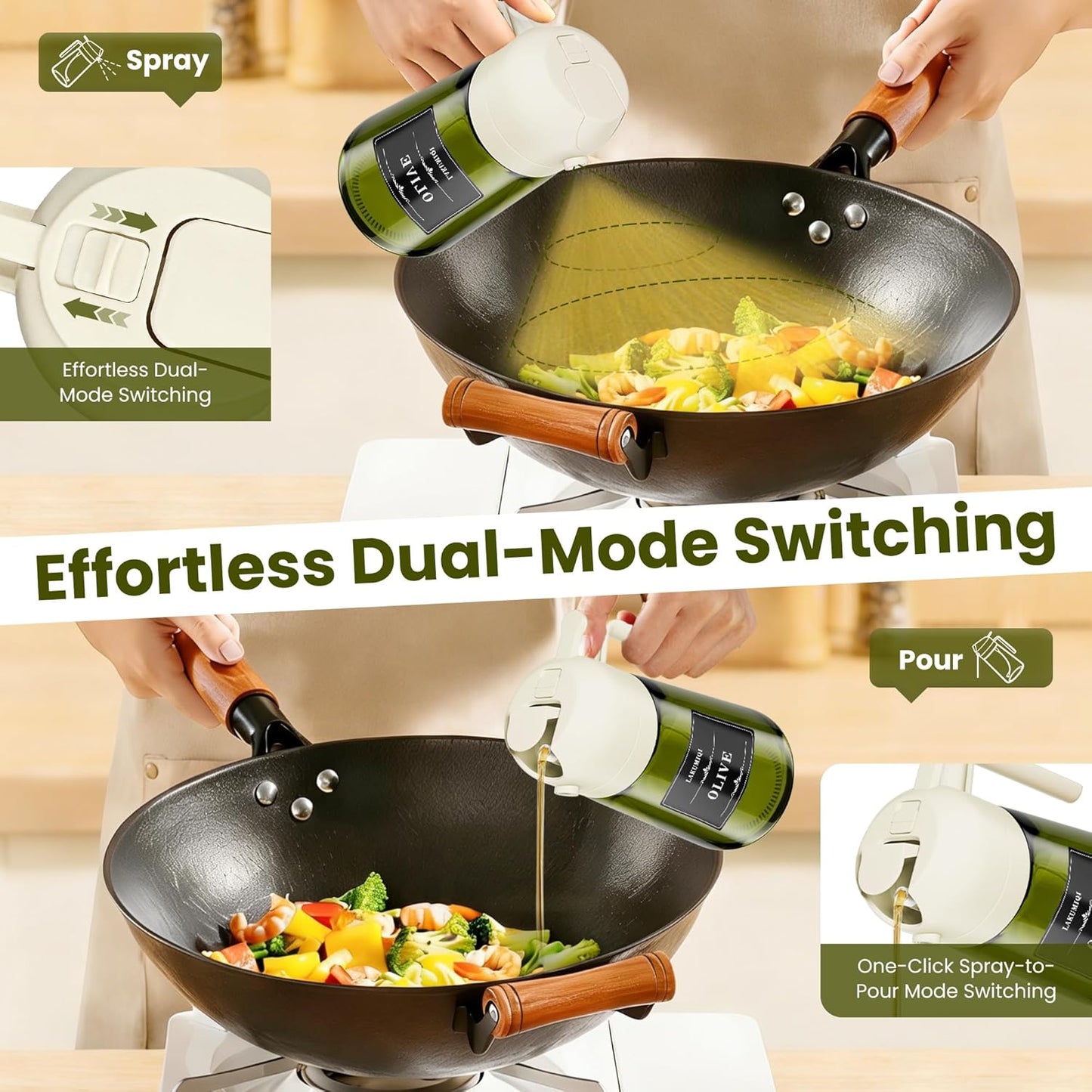 KaloTidy 2-in-1 Olive Oil Dispenser & Sprayer — 16oz Leakproof Glass Bottle