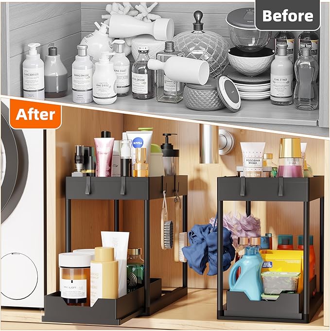 2 Pack Under Sink Organizer - 2 Tier Adjustable Sliding Storage Rack (Black)