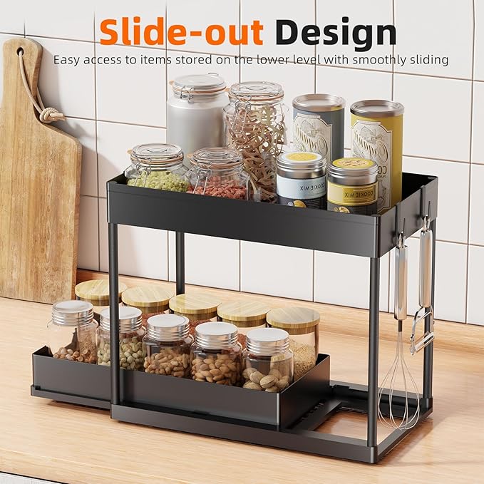 2 Pack Under Sink Organizer - 2 Tier Adjustable Sliding Storage Rack (Black)