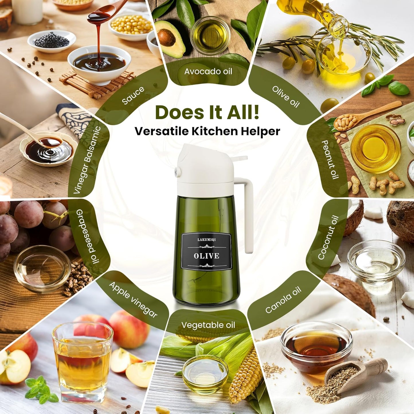 KaloTidy 2-in-1 Olive Oil Dispenser & Sprayer — 16oz Leakproof Glass Bottle