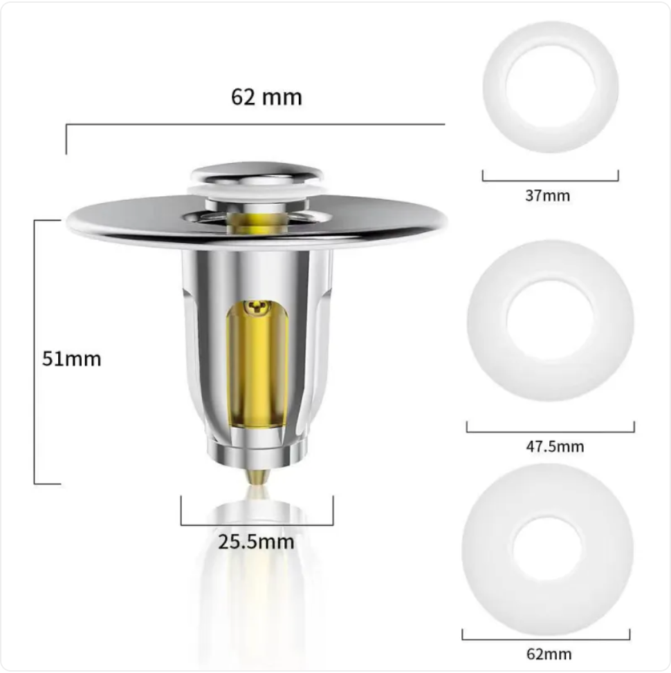 Pop-Up Drain Stopper & Hair Catcher — Stainless Steel, Fits 25-62mm