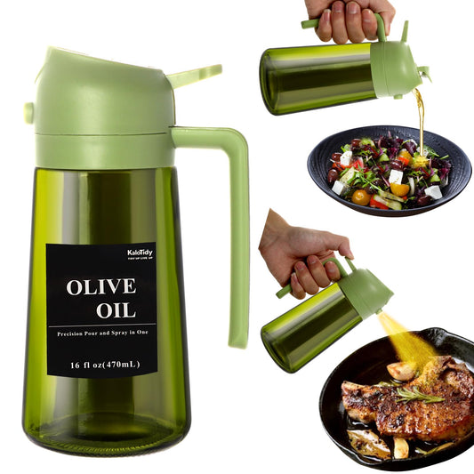 KaloTidy 2-in-1 Olive Oil Dispenser & Sprayer — 16oz Leakproof Glass Bottle