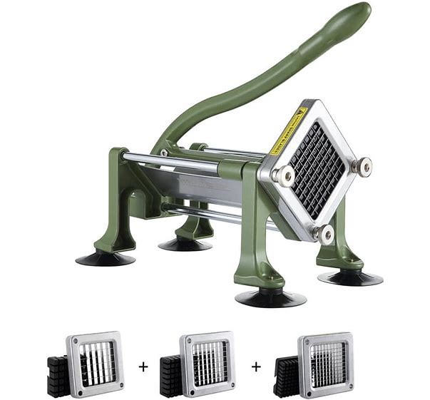 French Fry Cutter — Manual Potato Slicer with 3 Blade Sizes & Suction Cups