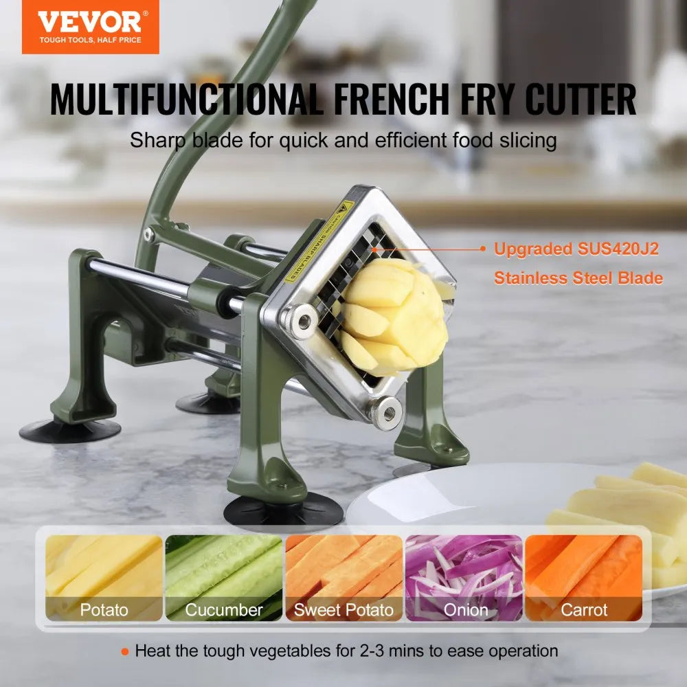 French Fry Cutter — Manual Potato Slicer with 3 Blade Sizes & Suction Cups