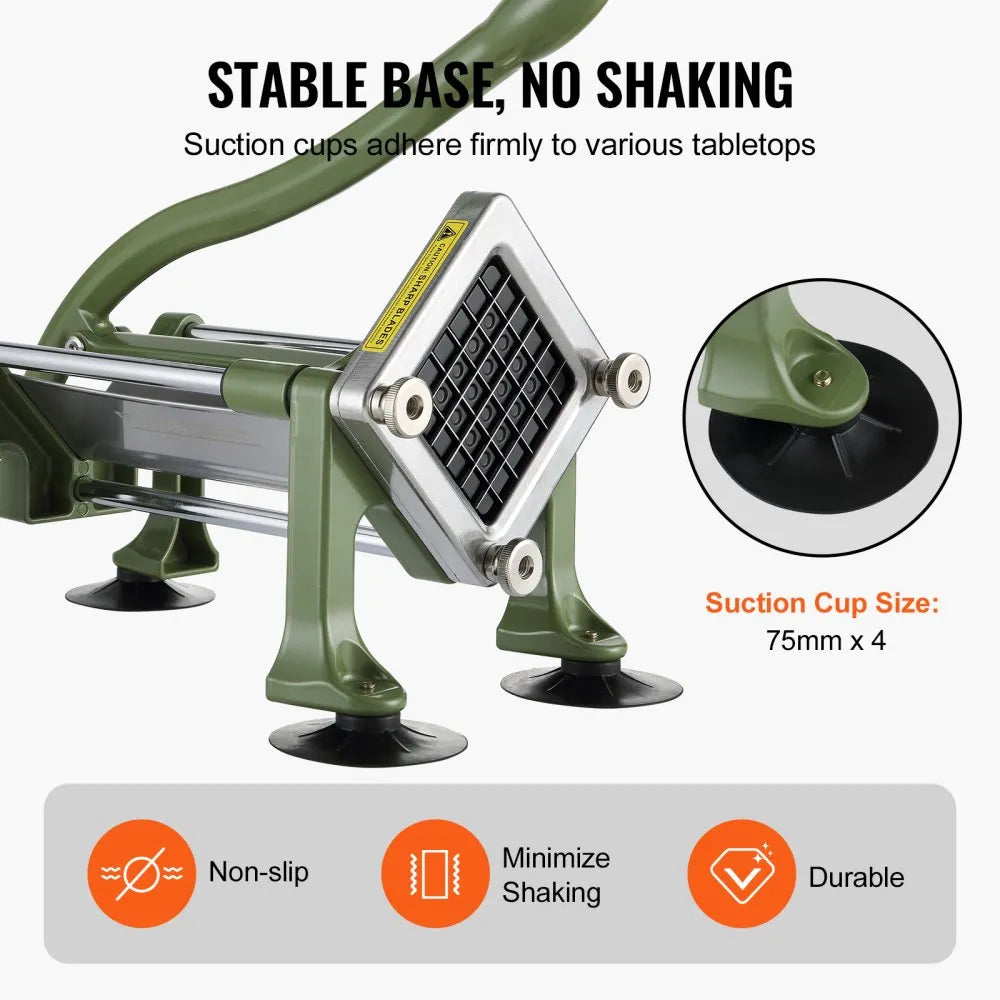 French Fry Cutter — Manual Potato Slicer with 3 Blade Sizes & Suction Cups