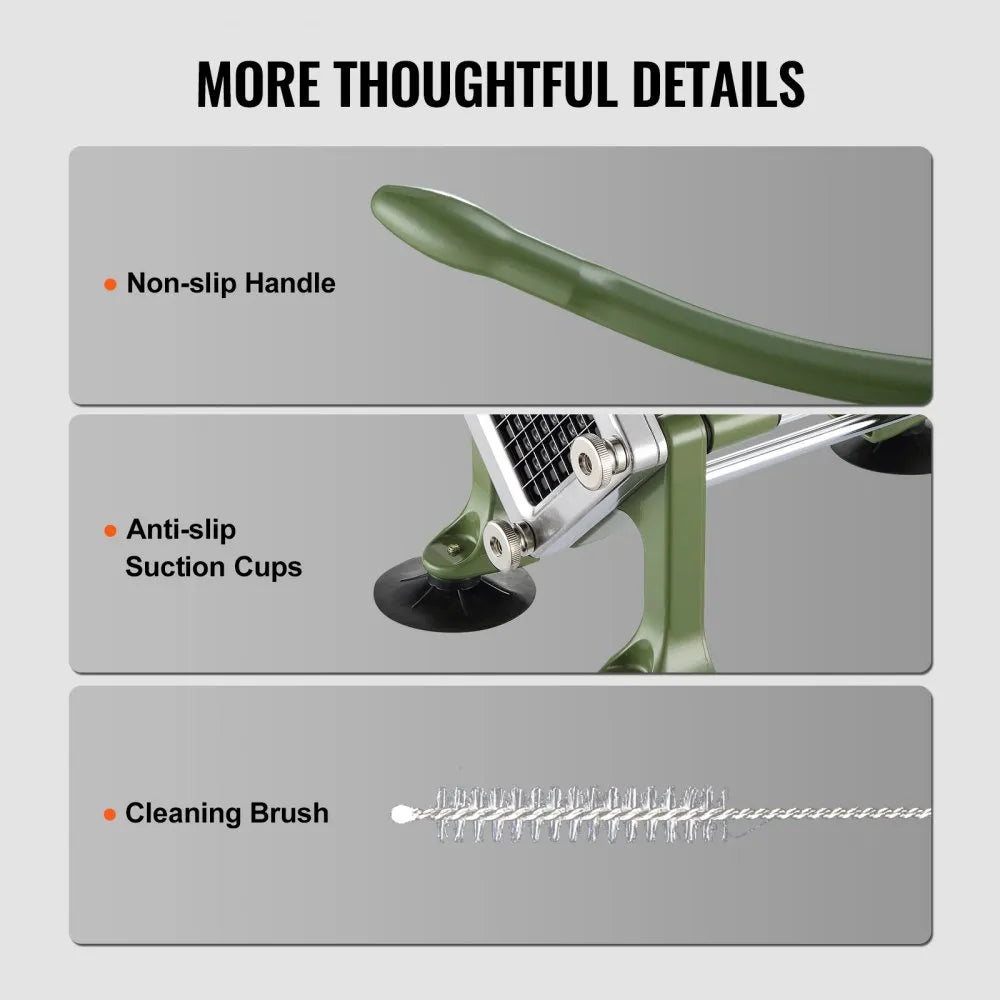 French Fry Cutter — Manual Potato Slicer with 3 Blade Sizes & Suction Cups