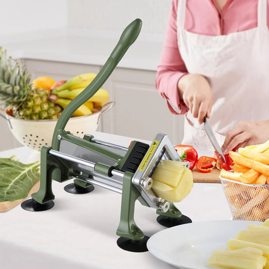 French Fry Cutter — Manual Potato Slicer with 3 Blade Sizes & Suction Cups